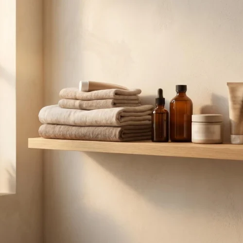 Minimal Bathroom Shelf Skincare Lifestyle Photo
