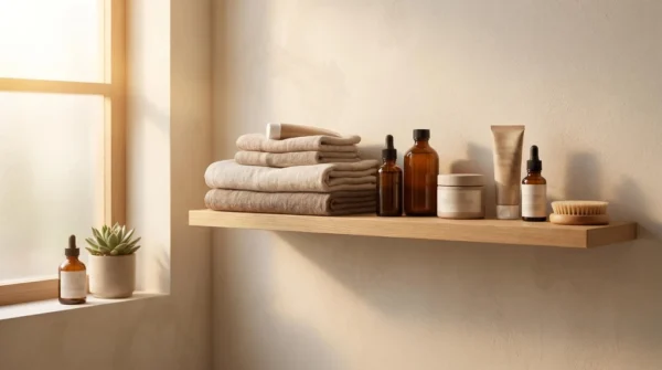 Minimal Bathroom Shelf Skincare Lifestyle Photo