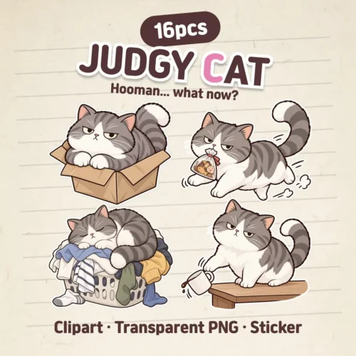 Judgy Cat Digital Stickers, 2D flat cat clipart, goodnotes stickers, cute png, cat digital journaling set, transparent