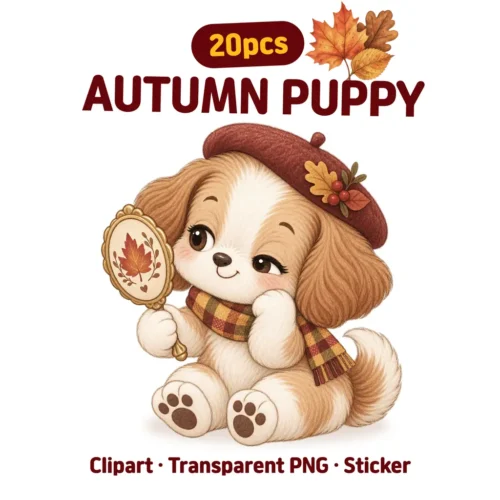 20 Autumn Puppy Clipart PNG, Cute Fall Dog Stickers, Cozy Puppy Digital Download, Kawaii Dog Illustrations