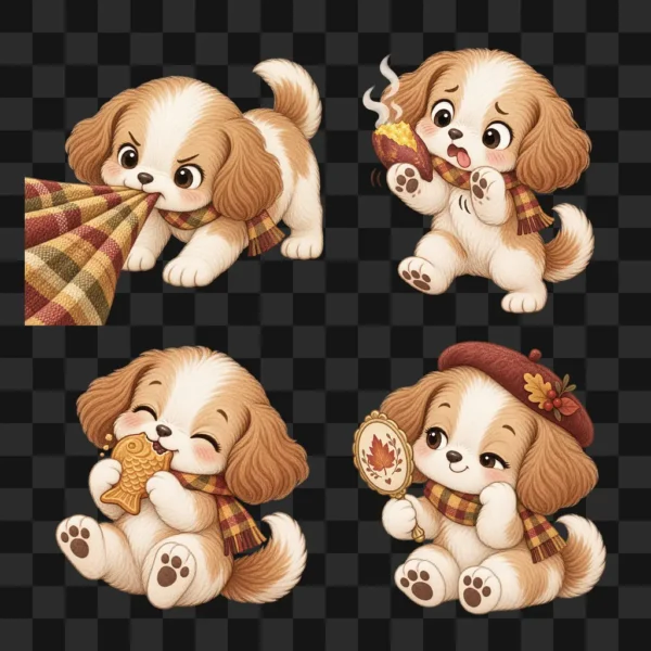 20 Autumn Puppy Clipart PNG, Cute Fall Dog Stickers, Cozy Puppy Digital Download, Kawaii Dog Illustrations