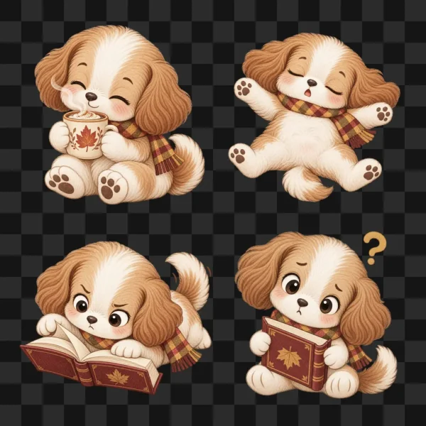 20 Autumn Puppy Clipart PNG, Cute Fall Dog Stickers, Cozy Puppy Digital Download, Kawaii Dog Illustrations