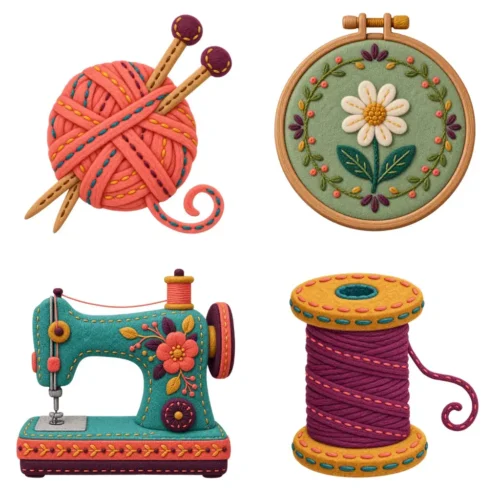 Colorful Sewing Craft Clipart Set | Sewing Machine, Scissors, Thread, Yarn, Embroidery & Pincushion Illustrations