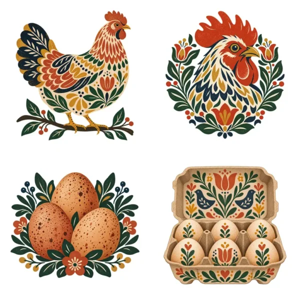 Farm Fresh Egg Carton Label Clipart & Digital Stickers, Scandinavian Folk Transparent PNG, 12 Images for Homestead Branding