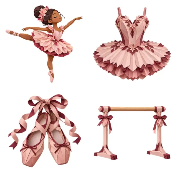 Ballet Birthday Invitation Folded Paper Clipart, Digital Stickers, 12 Images, Transparent PNG Party Elements