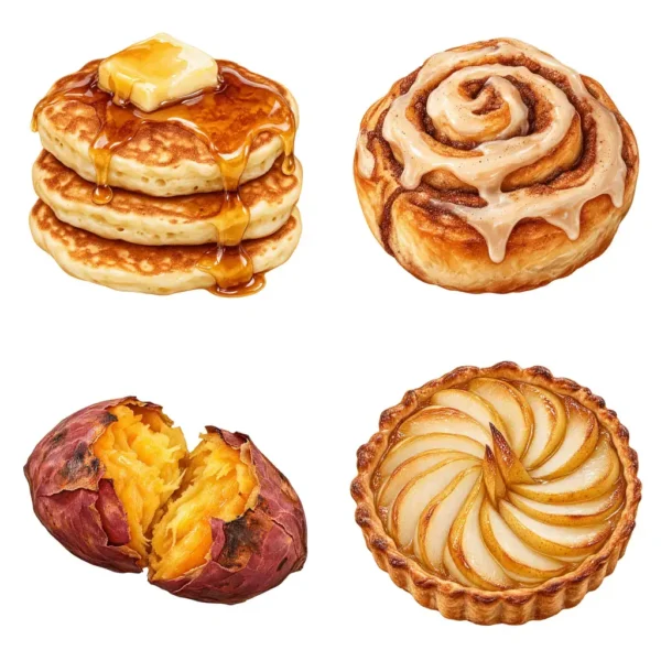 Cozy Autumn Food Clipart Set | Pancakes, Apple Pie, Cinnamon Roll, Pumpkin Soup, Sweet Potato & Fall Bakery Illustrations